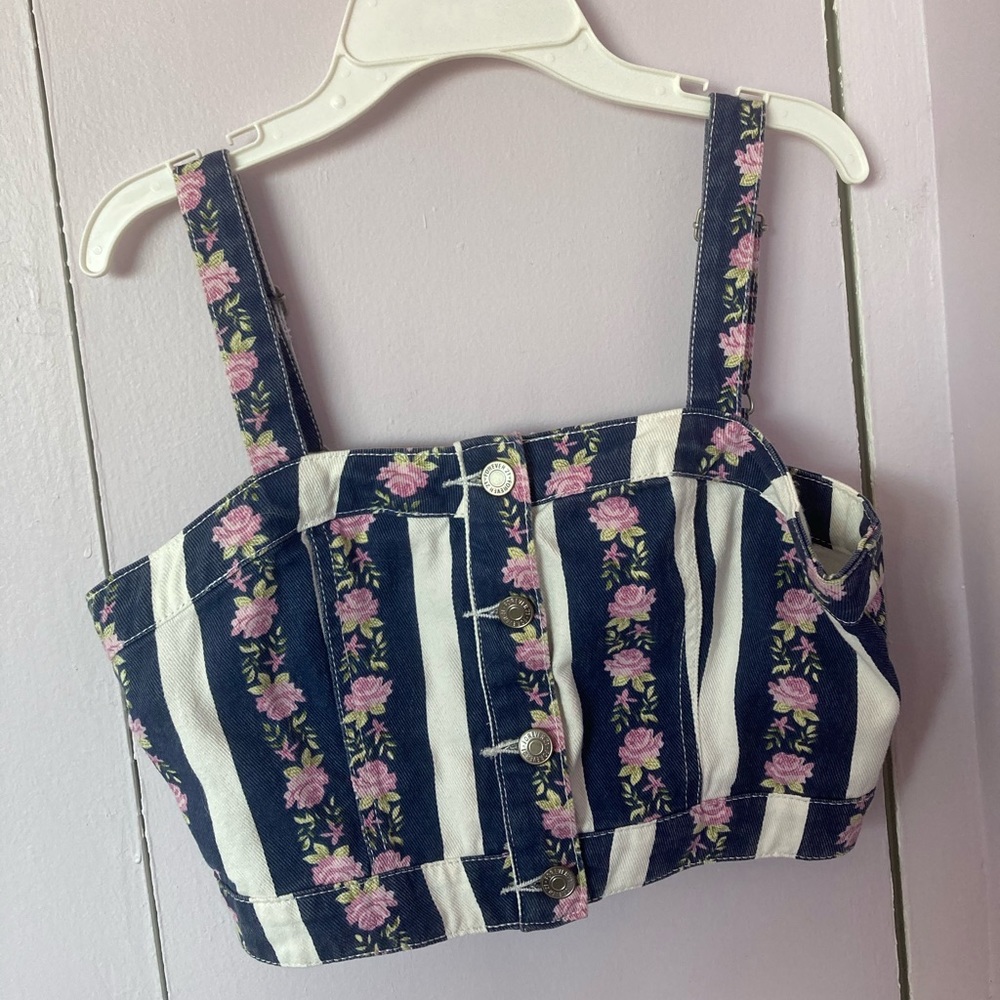 Denim cropped floral print tank